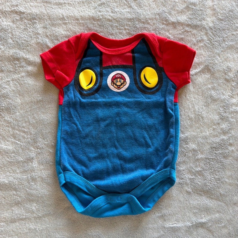 Super Mario Baby Bodysuit 0-3M Mario Overalls Costume Print Red Blue - AF1469